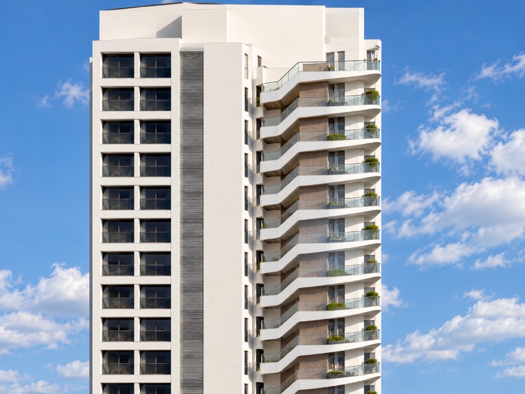 White residential tower with sculptural zigzag balconies, Lebanon