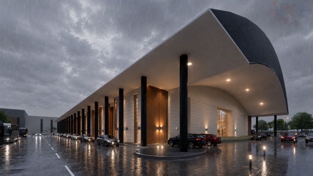 Resort clubhouse pool terrace with geometric facade
