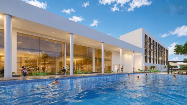 Luxury pool deck and glass lobby pavilion