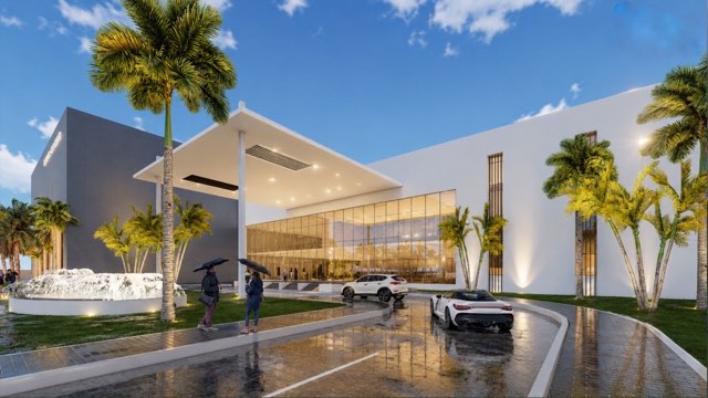 Hotel main entrance with fountain and white canopy