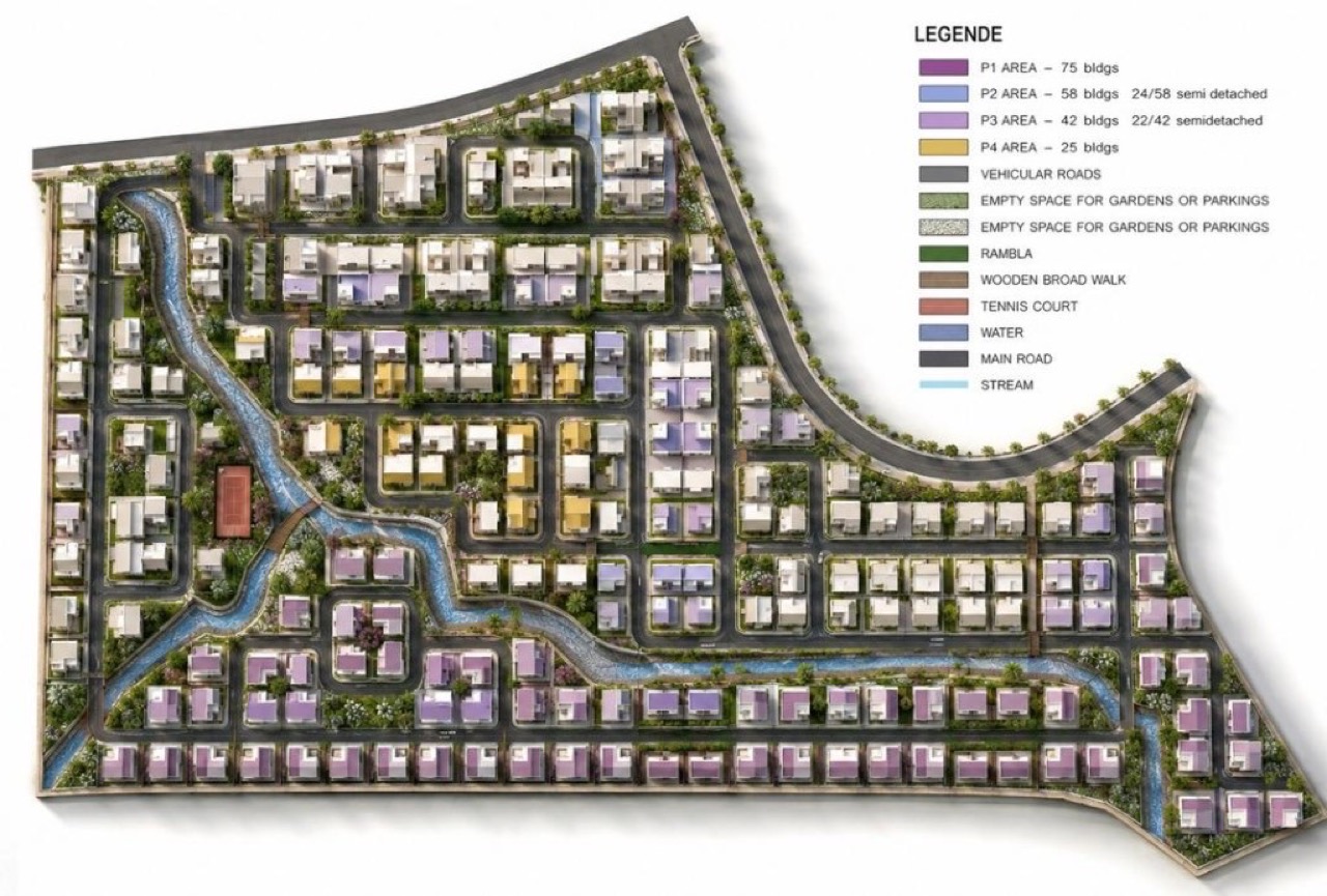 Master plan of residential enclave with stream, rambla and tennis court